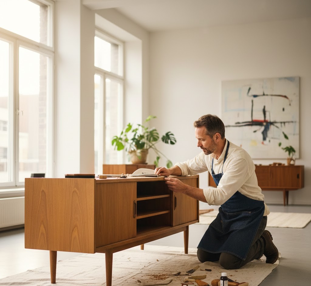 Mesterhåndverker restaurerer midtårhundre teak sideboard
